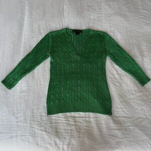 Ralph Lauren Black Label Cable-Knit 100% Silk V-Neck Sweater Green size small